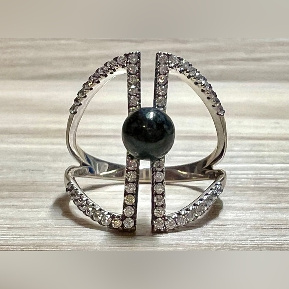 Jade of Yesteryear Sterling Silver Charcoal Jade & CZ Open Band Ring, Size 8.5 - Picture 2 of 10